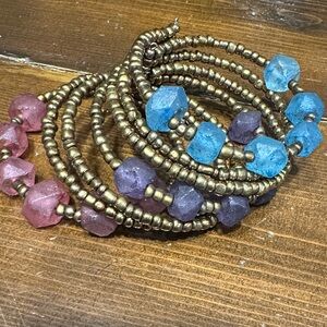 Multi-Color Faceted Bead Wrap Bracelet with Antique Gold Seed Beads